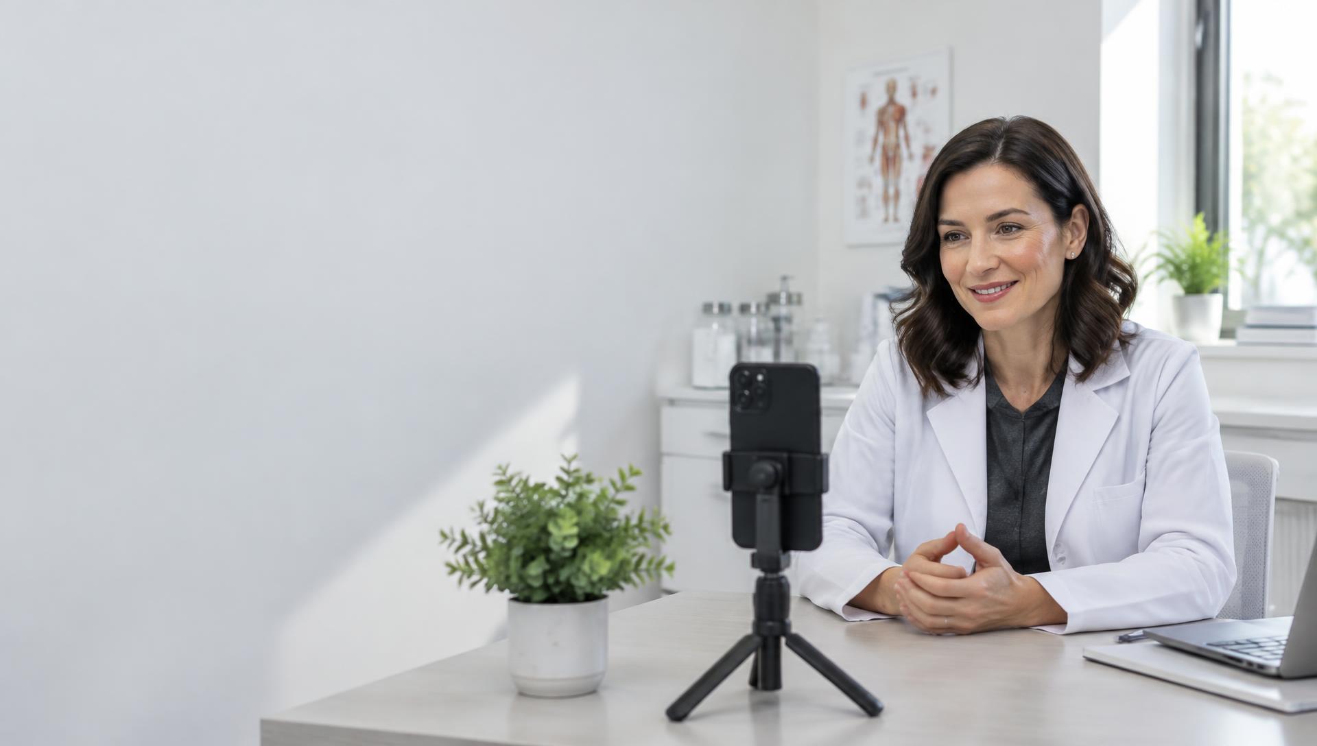 Illustration of a physician recording a short video in a consultation room